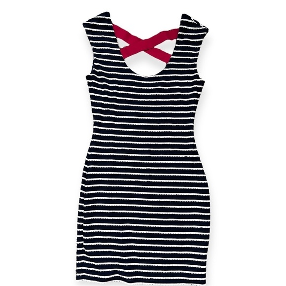 Guess Dresses & Skirts - Guess Navy Blue and White Striped Criss-Cross Back Mini Bodycon Dress Size 2
